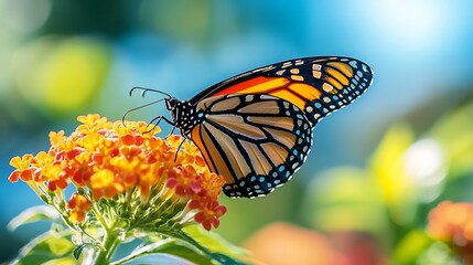 Beautiful spring summer image of monarch butterfly on orange lantana flower against blue sky  on bright sunny day in nature macro : Generative AI