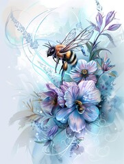 Obraz premium A vibrant bee in mid-flight, surrounded by colorful flowers, with pink and purple petals, set in a vintage, shabby chic style with a soft background.