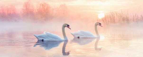 Serene scene of two swans gracefully gliding on a misty lake at sunrise, capturing tranquility and beauty in nature.