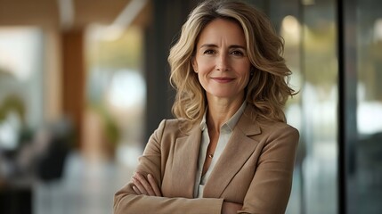 Confident smiling middle aged business woman attorney 45 years old lady entrepreneur mature female professional executive manager leader standing arms crossed in office looking at came : Generative AI