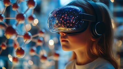 Child Explores Molecular Models with VR Glasses Girl Wearing Reality Headset Interacts with 3D Molecule Immersive STEM Education : Generative AI