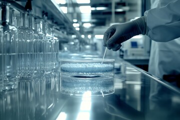 Fototapeta premium Scientist conducting an experiment with a petri dish in a sterile laboratory representing the meticulous research process in microbiology and biotechnology