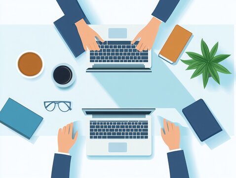 Top view of a collaborative office workspace with laptops, coffee, and notebooks. Two pairs of hands typing and working together.