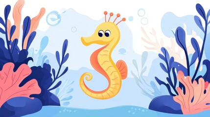 Fototapeta premium A stylish seahorse swims through vibrant coral, set against a sleek background, showcasing minimalist design elements.