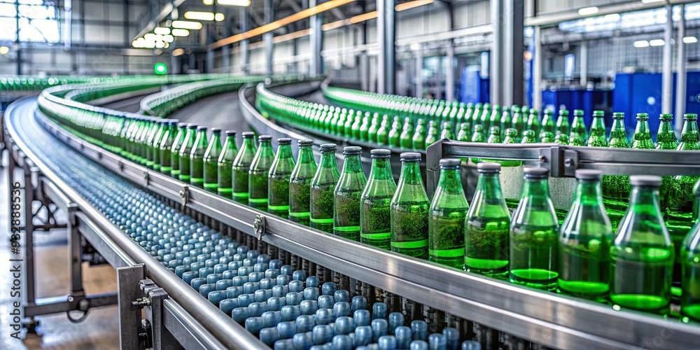 Wall mural conveyor belt carrying bottles in a beverage factory interior, beverage, factory, interior, conveyor