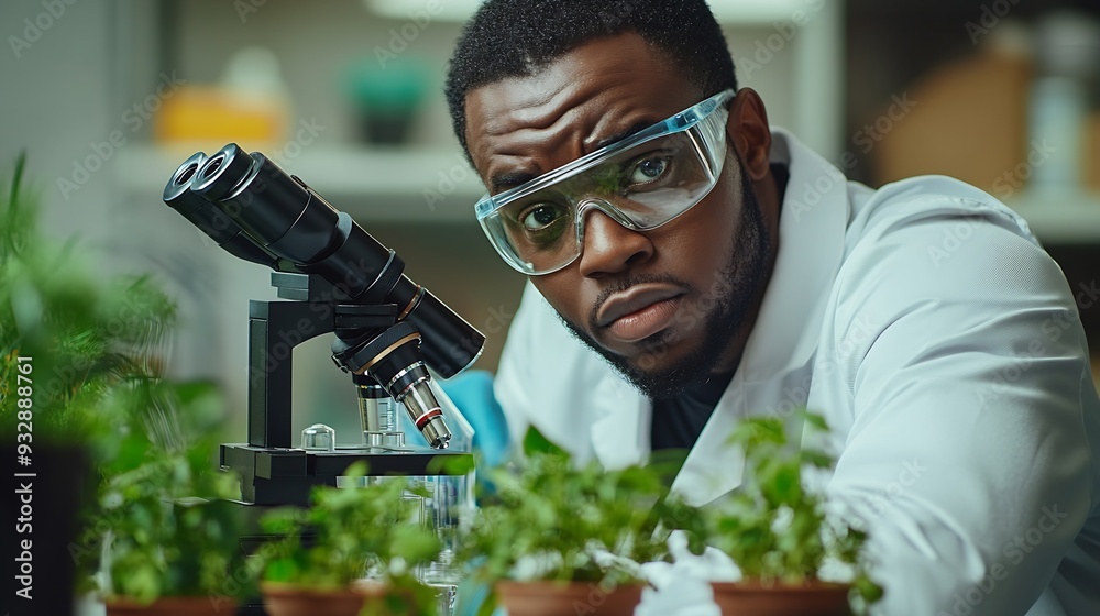 Aufkleber black man scientist and lab with test tube research microscope and focus for agriculture study with 