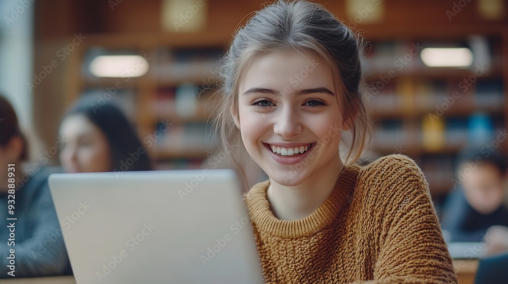 Aufkleber Students group and happy in library for education learning and reading test results or news on computer Young college people on laptop for solution research or studying with support he : Generative AI