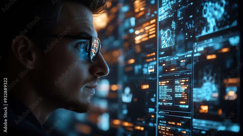 Poster Ai Businessman working with modern interface Business analytics Big data technology and data science Data flow conceptBusiness computing digital composite : Generative AI