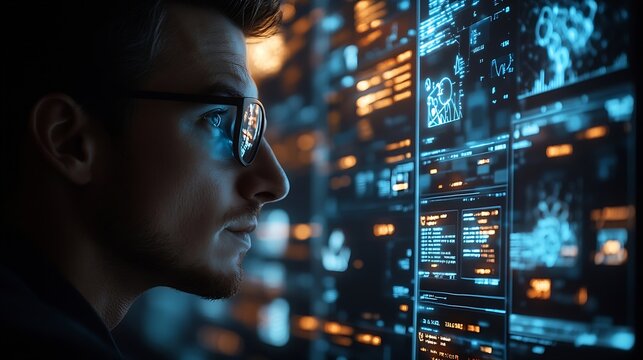 Ai Businessman working with modern interface Business analytics Big data technology and data science Data flow conceptBusiness computing digital composite : Generative AI