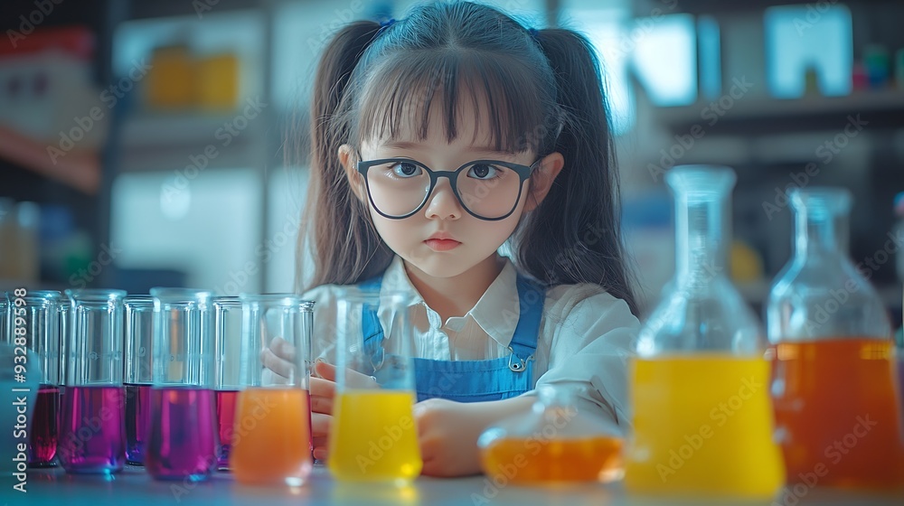 Poster girl classroom and science beaker for learning education and test with smart or intelligent child st