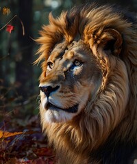 Naklejka premium Mighty lion king of the jungle portrait, hairy animal in forest, powerful creature