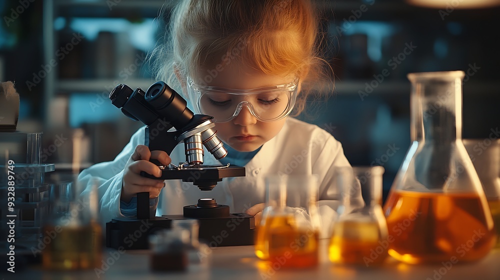Aufkleber little scientist looking through a microscope and test tubes filled with chemicals for learning about science and experiments : Generative AI
