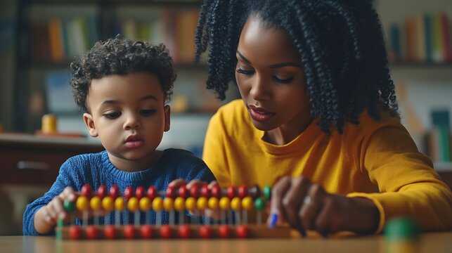 Black female teacher and little boy sitting at desk doing math using abacus early education concept : Generative AI