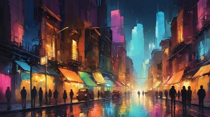 Naklejka premium skyline of the night cityscape with skyscrapers. Abstract. corrupted digital abstract.