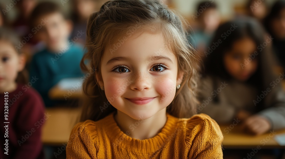 Poster talented small girl asking teacher a question in class portrait of a happy elementary school student