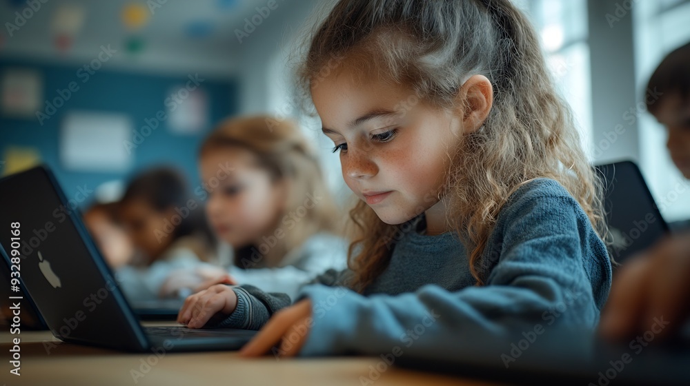 Aufkleber Group of TechSavvy Primary School Children Working on Their Laptop and Tablet Computers in Class Young Female Teacher Educating Kids on Internet Safety Basic Programming Languages and  : Generative AI