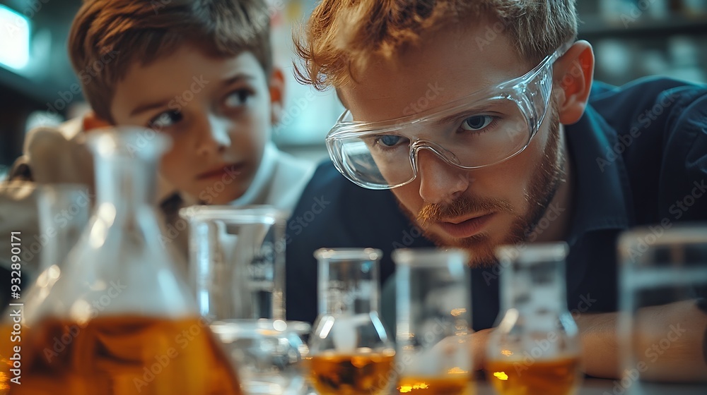 Aufkleber Teacher support schoolboy in laboratory Schoolboy and teacher stand and experiment about science of chemistry in STEM class using liquid in glass container Instructor mixing solution E : Generative AI