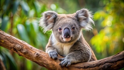 Fototapeta premium Close-up of a curious koala watching you from a tree branch, koala, wildlife, nature, tree, branch, cute, animal, fur