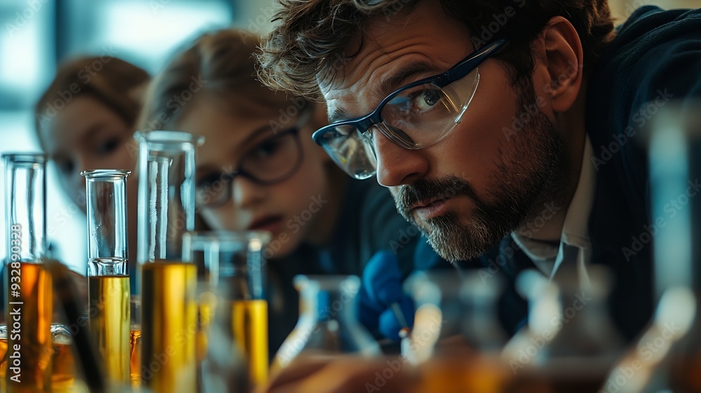 Aufkleber Teacher and students Learn and experiment with science in a school science classroom : Generative AI
