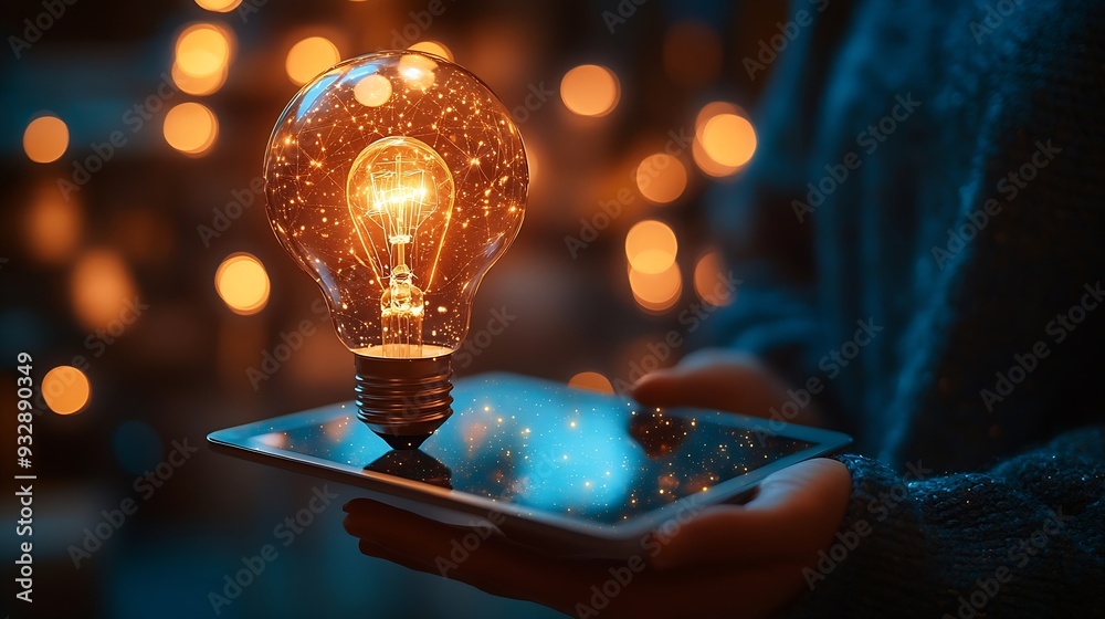 Aufkleber Hand holding tablet with bulb for Artificial Intelligence or AI brain analysis informationTechnology and science conceptmachine learning systemHitech and futuristic world : Generative AI