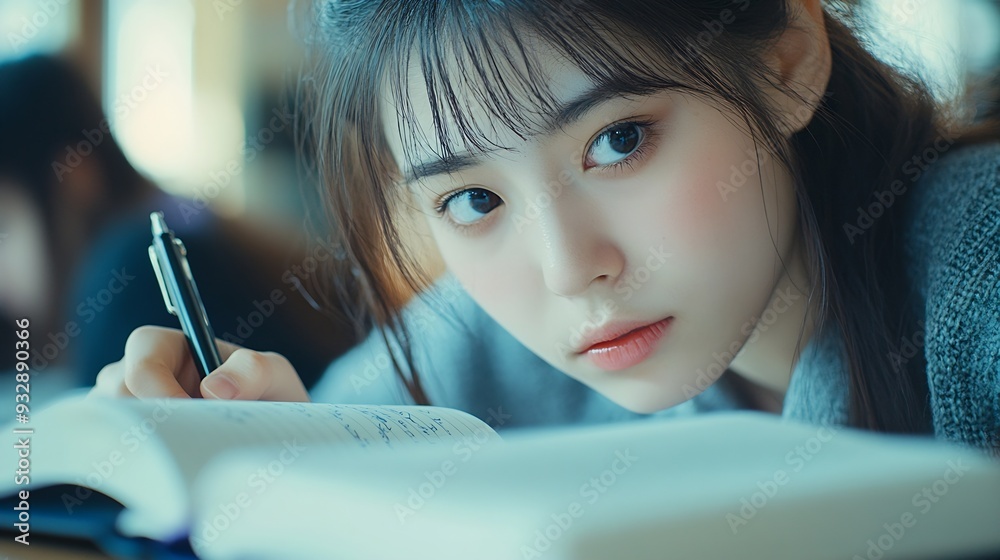 Aufkleber Woman students and writing with test in classroom for exam study or assignment at university Female person or group busy on project or essay with notebook for higher education lesson o : Generative AI