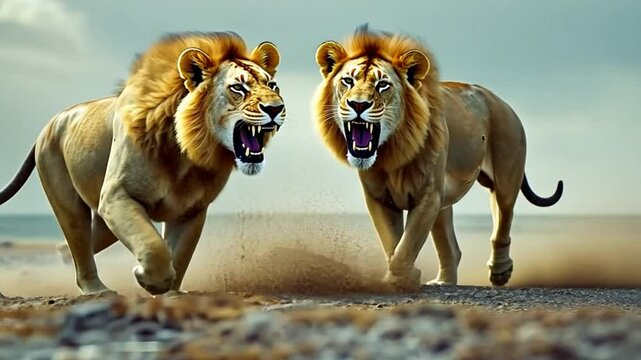 Two Panthera leo lions engage in combat.