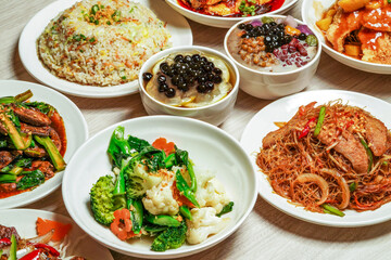 Diverse Chinese Cuisine, Egg Fried Rice, Sauteed Pork Liver, mix vegetables, Stir Fried Rice Vermicelli, Sweet sour fish fillet, saliva chicken, taro balls grass jelly, Honey Lemon Aloe vera boba
