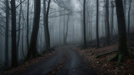 Fototapeta premium Dark and mysterious landscape view of spooky road in a forest, white fog covered all trees and sky isn't visible, there are no leaves on trees