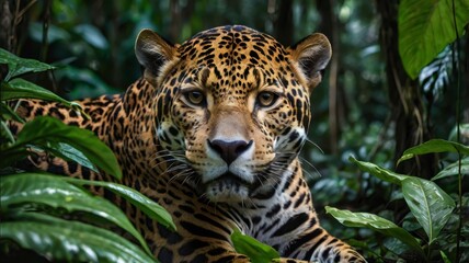 Obraz premium Close-up of jaguar in dense jungle setting