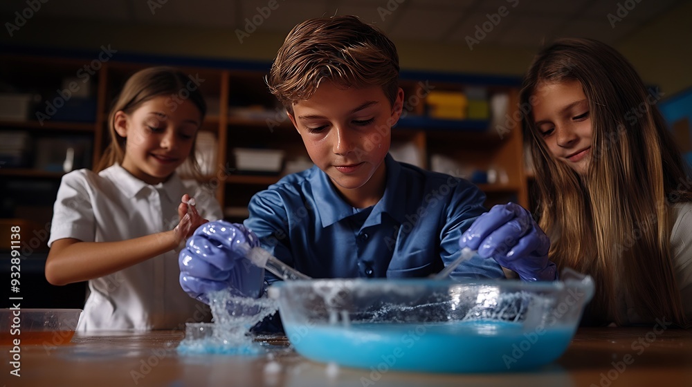 Poster science teacher and students in classroom with slime for experiment education and happy kid chemistr