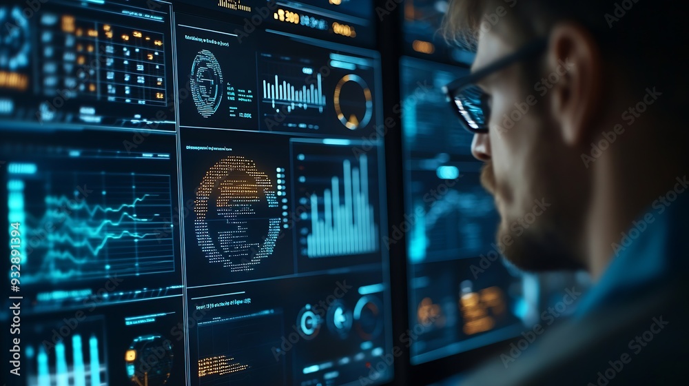 Aufkleber Analyst utilizing technology and dashboard with charts data science and Big Data technology for business Strategic data management system with KPI organization performance with technol : Generative AI