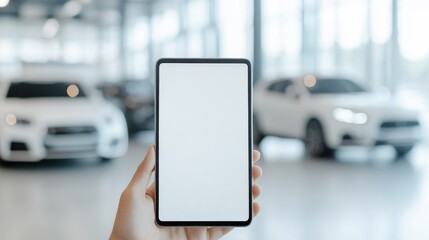 2408 23.white blank sleek touchscreen tablet place vertically with the screen facing the camera, in Luxury car showroom, elegant indoor  vehicle displays,  customization station, and warm ambient