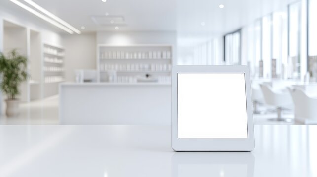 2408 27.white blank sleek touchscreen tablet place vertically with the screen facing the camera, in Upscale hair salon, elegant indoor  styling stations,  appointment desk, and warm ambient lighting