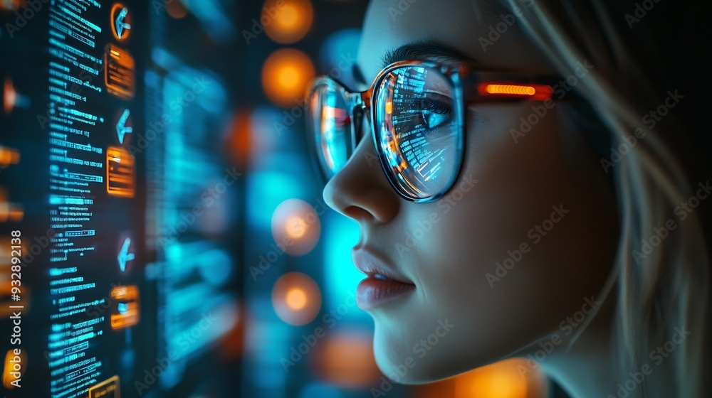 Leinwandbilder Software coding hologram and woman in data analytics information technology and gdpr overlay Programmer or IT person in glasses reading script programming and cybersecurity research on : Generative AI