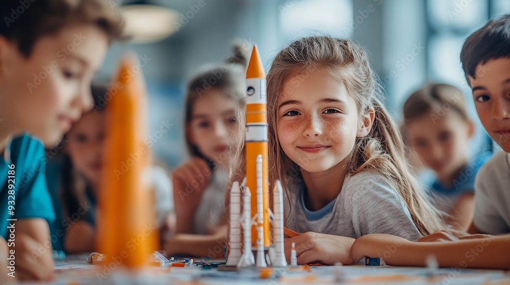 Poster Elementary School Students Sitting Behind a Table in a Group Building a Space Rocket Model for a Science and Technology Fair Young Boys and Girls Wish to Become Engineers and Space Exp : Generative AI