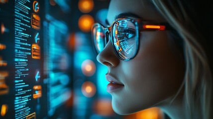 Software coding hologram and woman in data analytics information technology and gdpr overlay Programmer or IT person in glasses reading script programming and cybersecurity research on : Generative AI