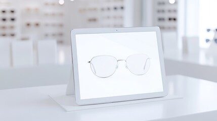 2408 34.white blank sleek touchscreen tablet place vertically with the screen facing the camera, in Designer eyewear store, elegant indoor  mirror displays,  eye exam area, and warm ambient lighting