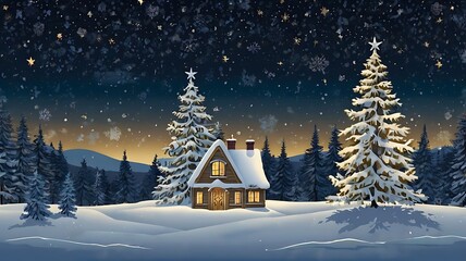 Naklejka premium Snowy night pine forest in horizon landscape view, mood and stars in the sky, christmas holidays themed with snowflakes