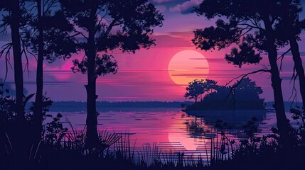 Fototapeta premium Silhouetted Sunset Over a Tranquil Lake