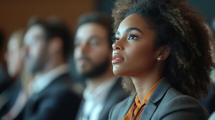 Fototapeta premium Multiracial group of business people listening to a speaker during an education event at convention center : Generative AI