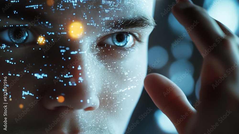 Aufkleber Chat with AI or Artificial Intelligence technology Man touching chatting virtual with an intelligent artificial intelligence asks for answers he wants Smart assistant futuristic Chatbo : Generative AI