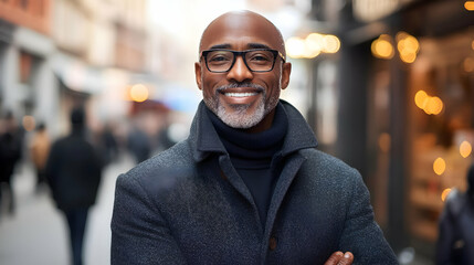 Obraz premium Smiling man in a grey coat with a black turtleneck.