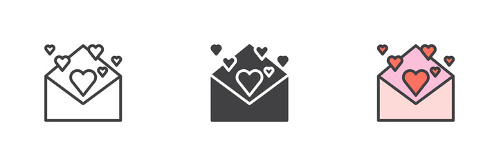 Envelope with hearts different style icon set