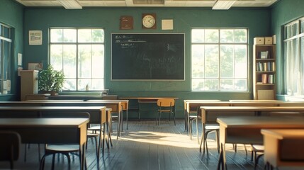 Generative AI imagery of an empty classroom, capturing the traditional elements of chairs, desks, and a chalkboard.