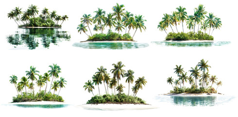 Collection of lush tropical islands with palm trees and beach isolated on transparent background. Holiday summer travel vacation concept.