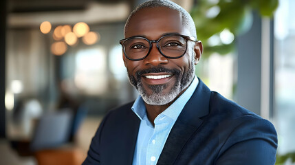 Fototapeta premium Smiling man with grey beard and glasses wearing a blue suit.