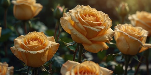 Bright early summer light illuminating vibrant yellow roses with a beautiful copy space image.