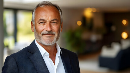Fototapeta premium Smiling mature man in a suit against blurred background.