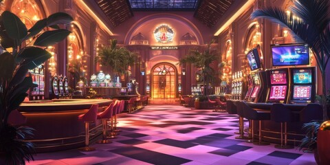 Luxurious Abstract Casino Exterior: AI-Generated Illustration for Marketing and Design. Elegant Minimalist Composition with Stylish Gradient Textures. Versatile Graphic Element for Entertainment UI, W