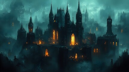 Fototapeta premium Gothic Castle Silhouette in Misty Night